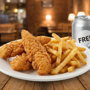 # 2 - 3 Chicken Fingers w/ fries  â€¢ Free Can Soda