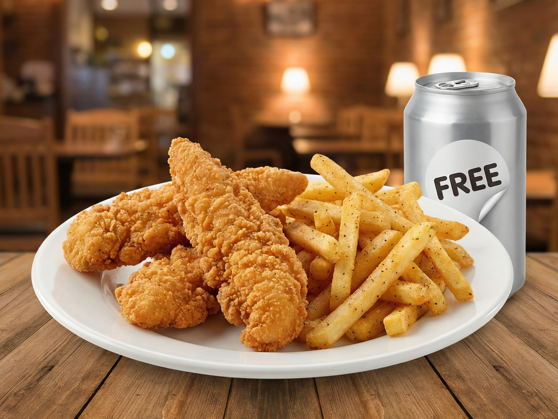 # 2 - 3 Chicken Fingers w/ fries  â€¢ Free Can Soda