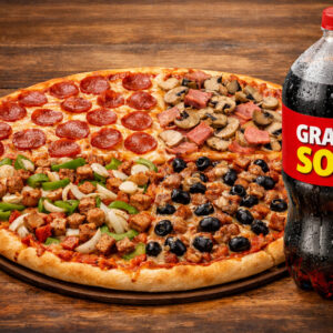 # 3 - 30â€ Pizza â€¢ 4 toppings  â€¢ One 2LT Soda
