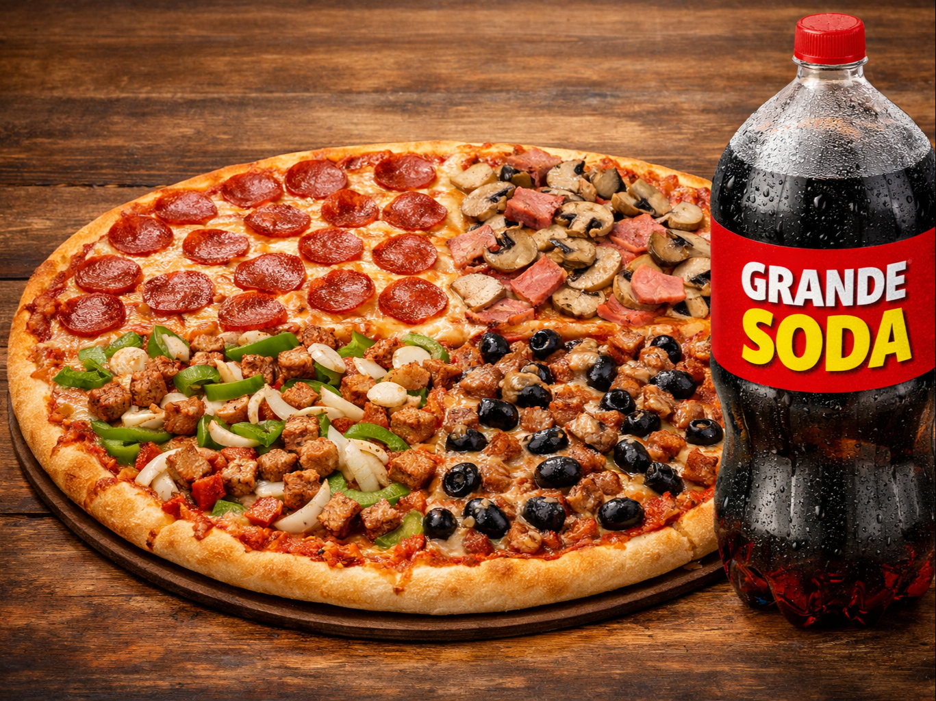 # 3 - 30â€ Pizza â€¢ 4 toppings  â€¢ One 2LT Soda