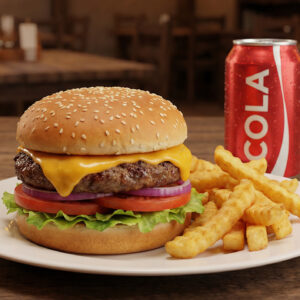 # 4 - Cheeseburger w / Fries  â€¢ Free Can Soda