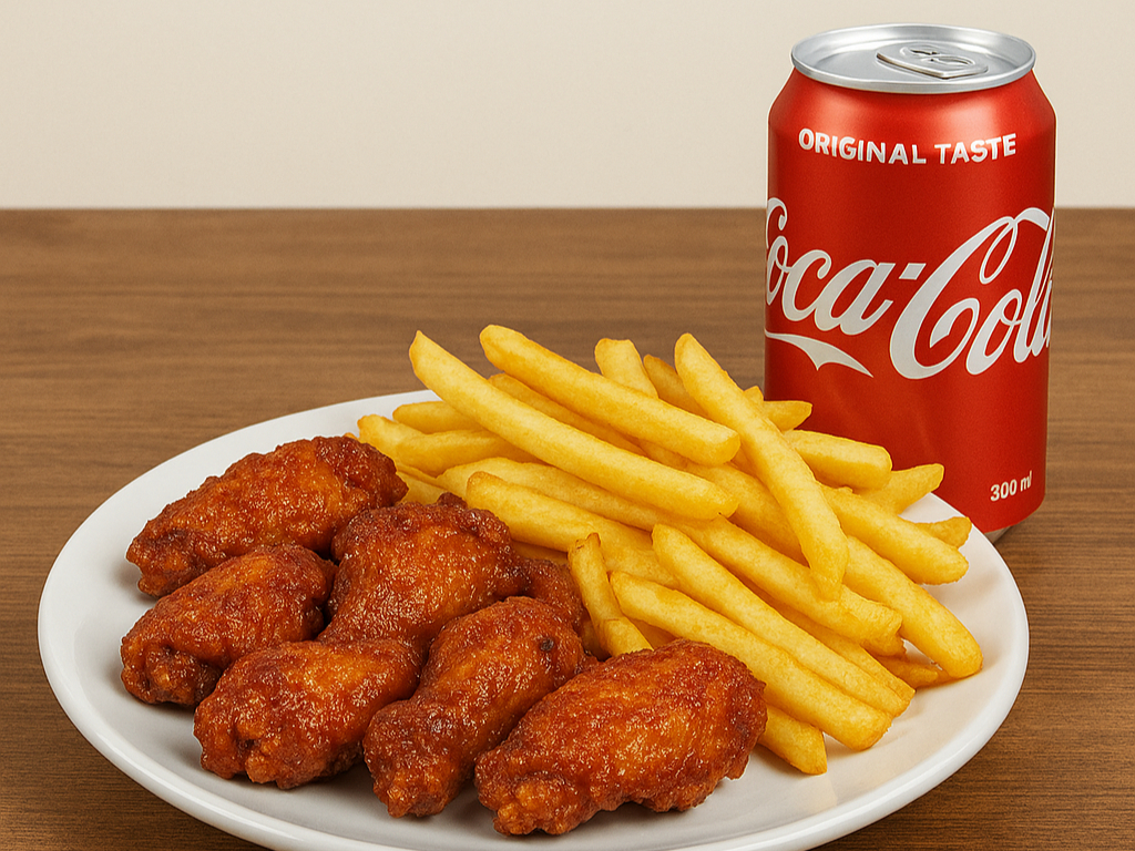 # 1 - 8 Chicken Wings w / Fries  â€¢ Free Can Soda