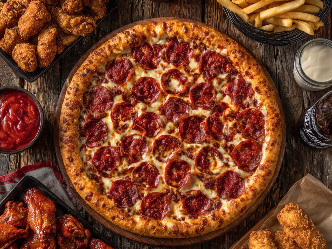 # 15 - 16" Pizza + 1 Topping + 40 Wings + 20 Fingers + Basket of french fries  + One 2Lt Soda
