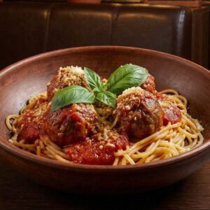 # 8 - Spaguetti & Meatballs w / Garlic Bread  â€¢ Free Can Soda