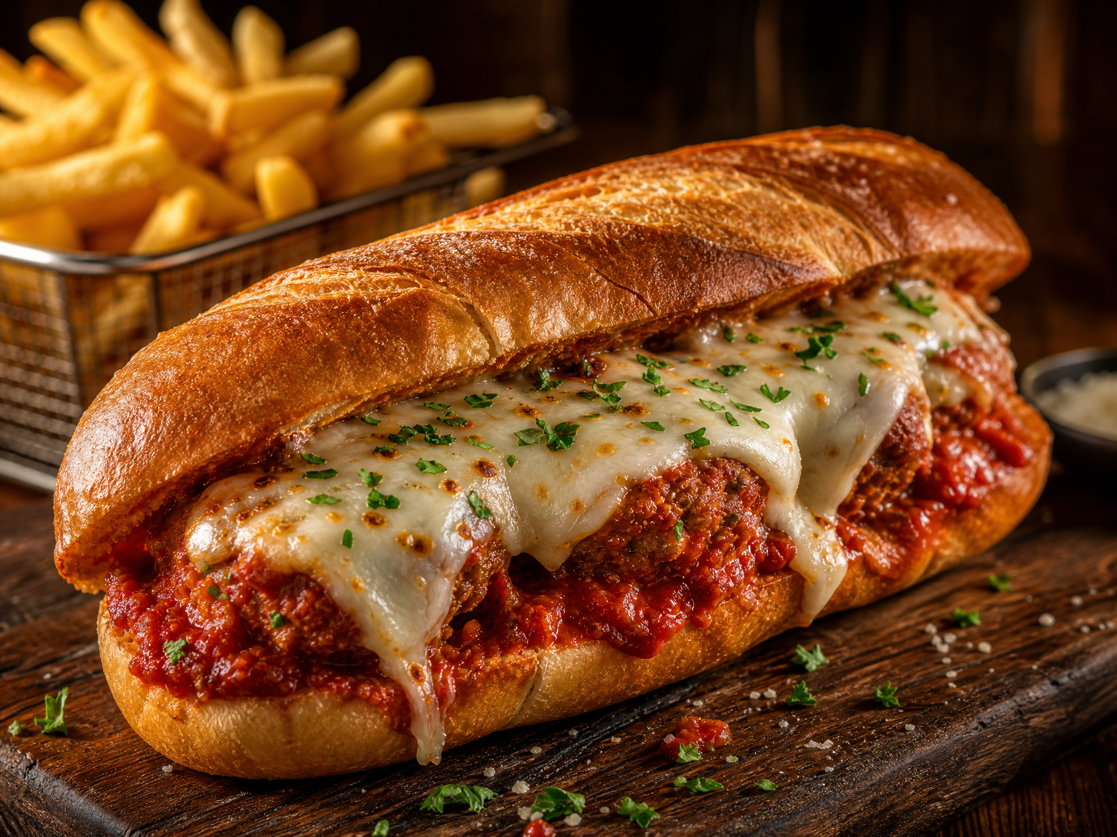 Meatball Parmesan Sand + Fries