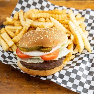 Burger with lettuce tomato and fries